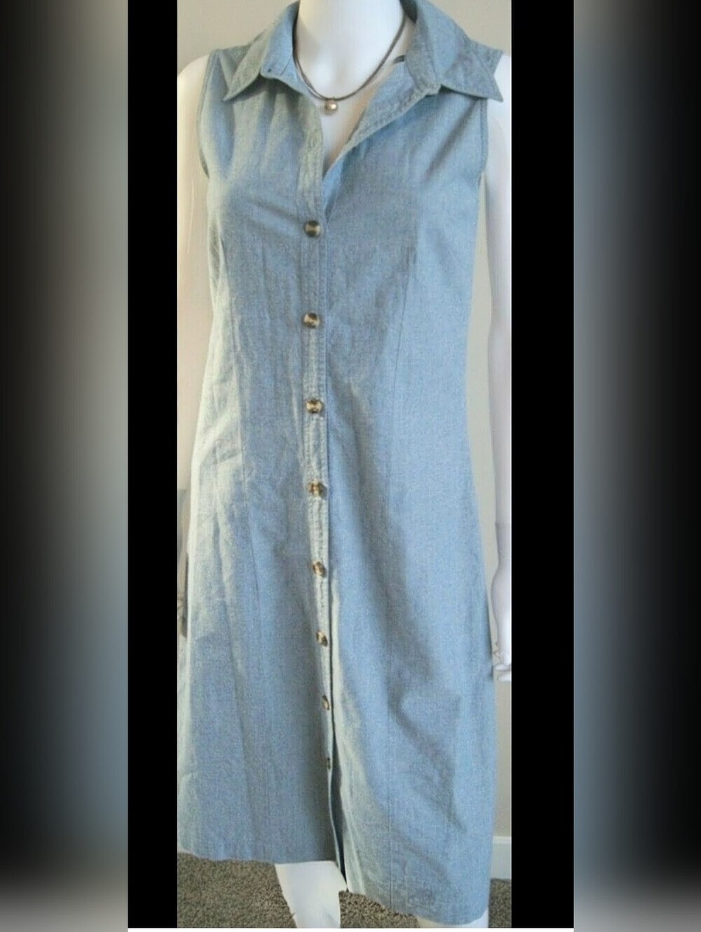 Basic Editions Chambray Denim Blue Cotton Button Down Dress Sleeveless Sz 10